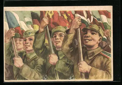 Künstler-AK Tschechien, Russische Soldaten in Uniform mit Fahne