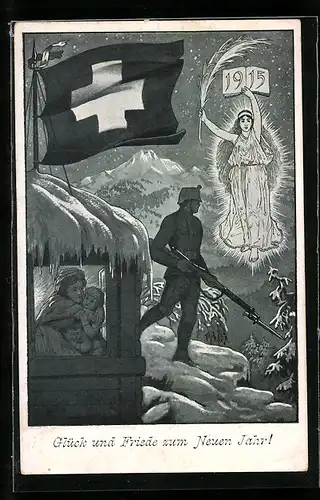 AK Soldat auf Wache in den Bergen, Mutter mit Kind in einer Hütte, Schweizer Flagge