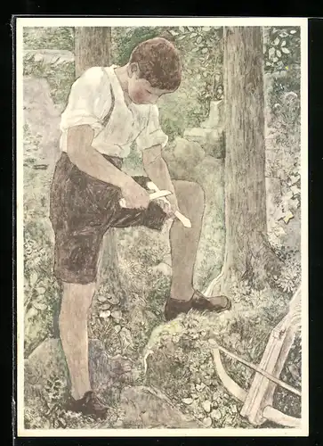 Künstler-AK sign. V. Surbek: Pfeilschnitzender Knabe, Soldatenweihnacht 1943