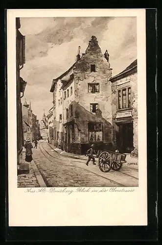 Künstler-AK Alt-Duisburg, Oberstrasse und Junge mit Karren