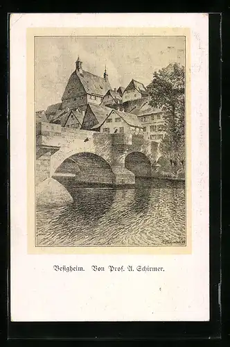 Künstler-AK Besigheim, Ortspartie mit Brücke und Gewässer