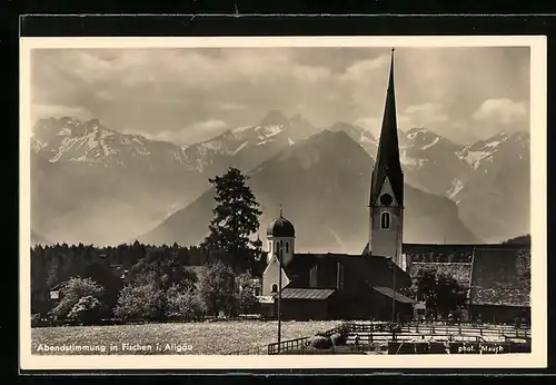 AK Fischen i. Allgäu, Abendstimmung mit Kirche