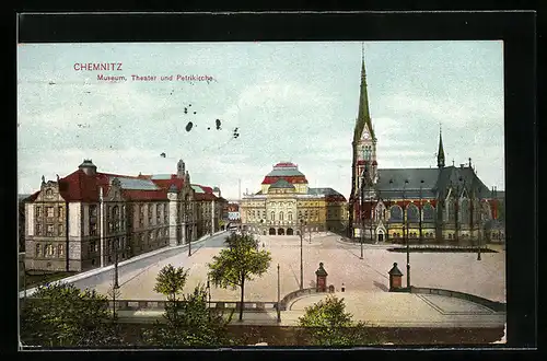 Künstler-AK Chemnitz, Museum, Theater und Petrikirche