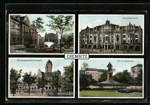 AK Chemnitz, Rathaus, Centraltheater, Körnerdenkmal, Amtshauptmannschaft