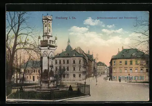 AK Freiberg i. Sa., Schwedendenkmal und Peterstrasse