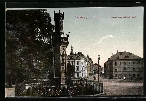 AK Freiberg i. Sa., Strassenpartie am Schwedendenkmal