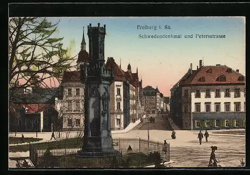 AK Freiberg i. Sa., Schwedendenkmal und Petersstrasse