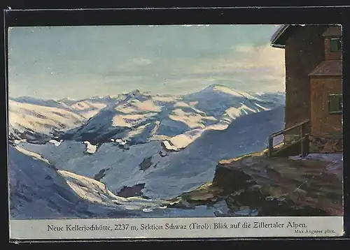 Künstler-AK Neue Kellerjochhütte, Blick auf die Zillertaler Alpen