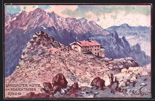 Künstler-AK Landshuter Hütte, Berghütte am Kraxentrager