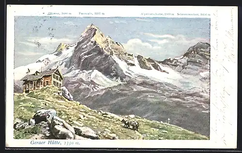 Künstler-AK Geraer Hütte, Olperer, Fussstein, Alpeinerscharte