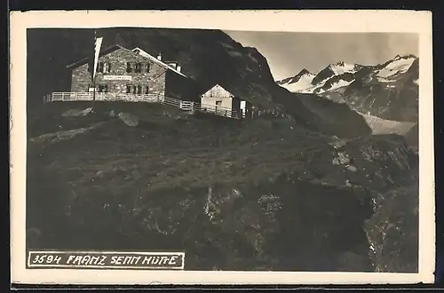 AK Franz Senn-Hütte, Ansicht mit Alpenpanorama