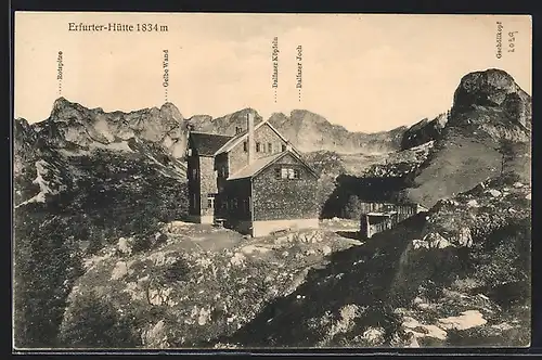 AK Erfurter-Hütte, Ansicht mit Rotspitze, Gelber Wand, Dalfazer Köpflein und Joch