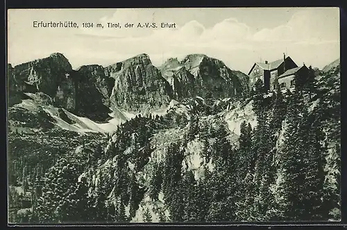 AK Erfurterhütte, Blick den Steilhang hinauf zur Berghütte des AVS Erfurt, mit Hüttenstempel