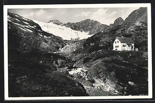 AK Sulzenau-Hütte, Blick auf die Berghütte m. kleinem Bach