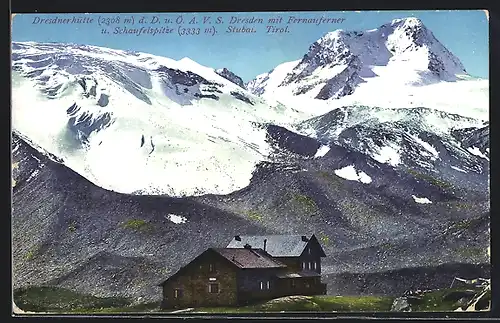 Künstler-AK Dresdnerhütte, Blick auf die verschneite Schaufelspitze