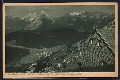 AK Nördlingerhütte, Berghütte mit Blick auf Seefeld und Zugspitze