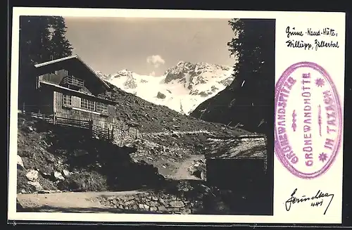 Foto-AK Hans Hruschka Nr. 447: Grüne Wand-Hütte im Zillertal