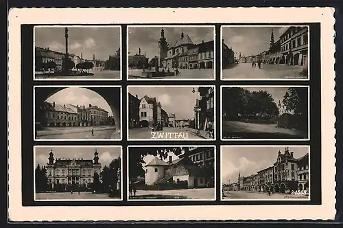 AK Zwittau, Brunoplatz, Langer-Villa, Stadtkirche, weitere Ortsansichten