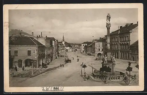 AK Zwittau, Stadtplatz mit Denkmal