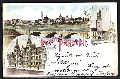 Lithographie Pardubice, Panorama, Zelena brana, Radnice