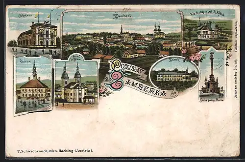 Lithographie Zamberk, Kostel sv. Vaolava, Zamek, Radnice