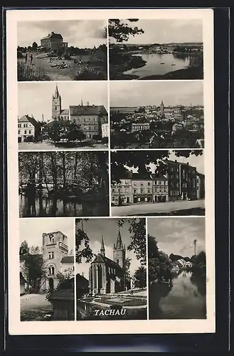 AK Tachau, Ansicht der Kirche, Strassenpartie mit Geschäften, Brücke