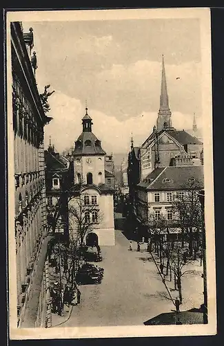 AK Plzen, Strassenpartie aus der Vogelschau