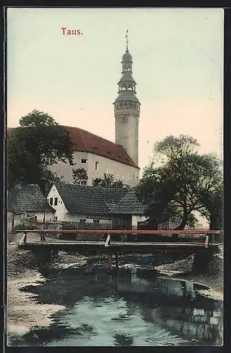 AK Domazlice / Taus, Ortspartie mit Kirche