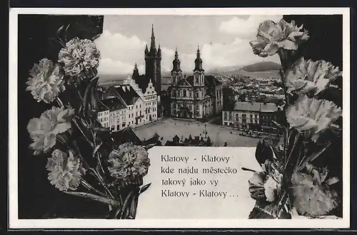 AK Klatovy, Blick zur Kirche, Blumen