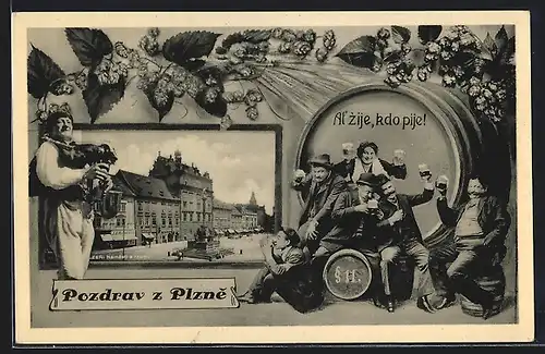 AK Plzen, Männer mit Bierkrügen in der Hand, Hopfenanbau