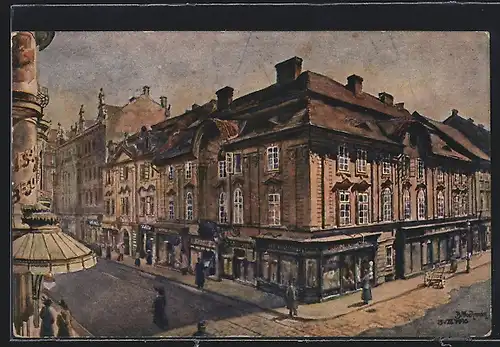 Künstler-AK Pilsen, Haus Zur goldenen Sonne in der Reichsgasse