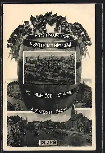 AK Plzen, Teilansicht, Strassenpartie mit Geschäft, Platz mit Kirche