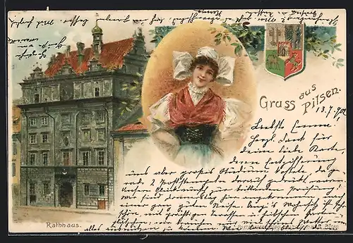 Lithographie Plzen, Radnice, Frau in Tracht