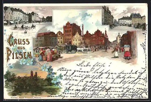 Lithographie Pilsen, Uferpartie mit Kirche, Marktplatz mit Pferdewagen, Strassenpartie mit Gebäudeansicht