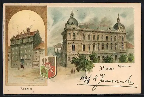 Lithographie Plzen, Sporitelna, Radnice, Wappen