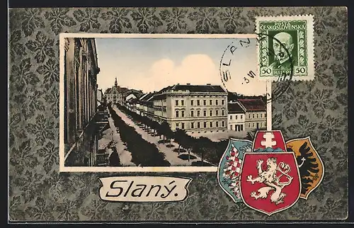 AK Schlan / Slany, Ortspartie, Wappen
