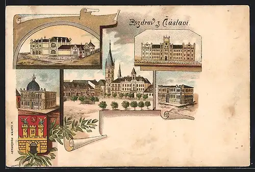 Lithographie Tschaslau / Caslav, Ortsansicht, Gebäudeansichten, Wappen