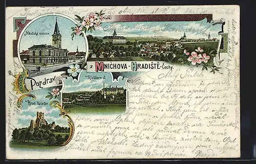 Lithographie Mnichovo Hradiste, Mestská Radnice, Klaster n. J., Hrad Valecov, Ortsansicht