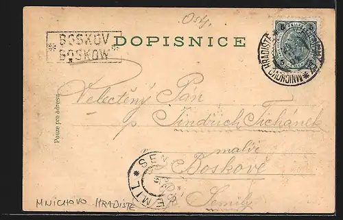 Lithographie Mnichovo Hradiste, Mestská Radnice, Klaster n. J., Hrad Valecov, Ortsansicht