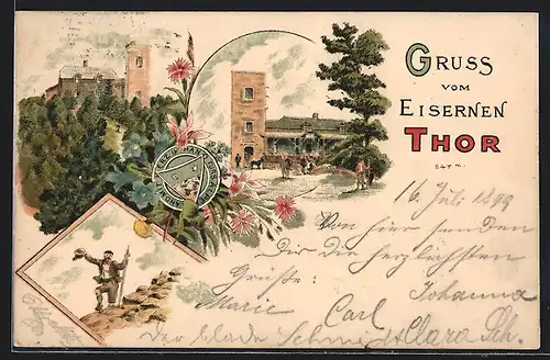 Lithographie Baden, Eisernes Thor mit Besuchern, Bergsteiger