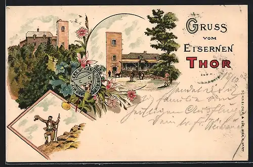 Lithographie Baden, Eisernes Thor mit Besuchern, Bergsteiger