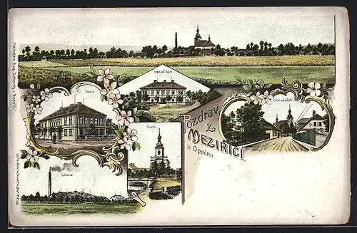Lithographie Ceske Mezirici, Cukrovar, Kostel, Skola, Obechni dum, Celkový pohled