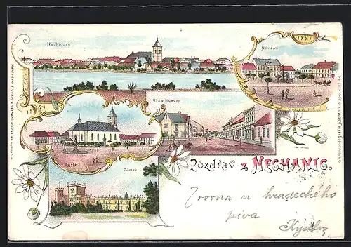 Lithographie Nechanice, Ulice Husova, Namesti, Zamek, Kostel