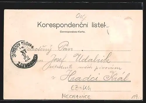 Lithographie Nechanice, Ulice Husova, Namesti, Zamek, Kostel