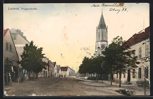 AK Lubenz, Pragerstrasse mit Kirche