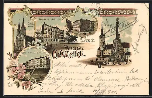 Lithographie Olomouc, Nemecka c. k. starni realka, Radnice Socha Sv. Trojice