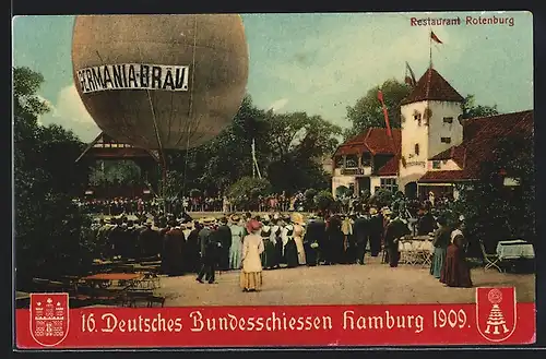 AK Hamburg, 16. Deutsches Bundesschiessen 1900, Schützenfest, Ballon Germania-Bräu, Restaurant Rotenburg