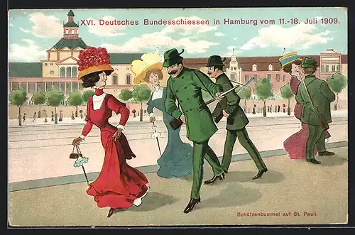 Künstler-AK Hamburg, XVI. Deutsches Bundesschiessen 1909, elegante Gesellschaft mit Gewehren