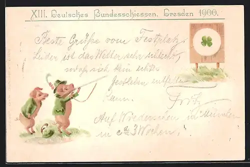Künstler-AK Dresden, XIII. Deutsches Bundesschiessen 1900, Glücksschweine
