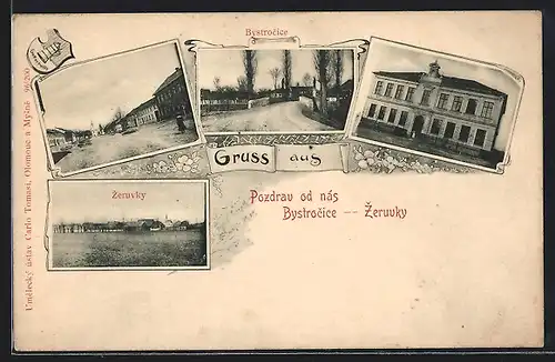 AK Bystrocice-Zeruvky, Strassenpartie mit Brücke, pompöses Gebäude, Ortsansicht